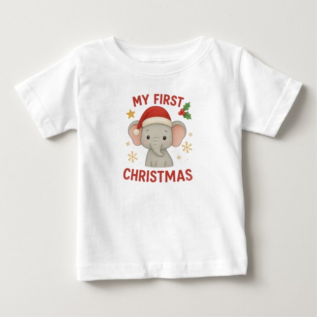 Camiseta Para Bebê Primeiro Natal do Elefante Bebê (Frente)