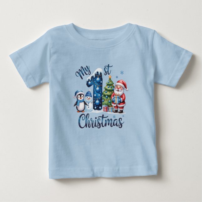Camiseta Para Bebê Primeiro Natal do Menino Azul (Frente)