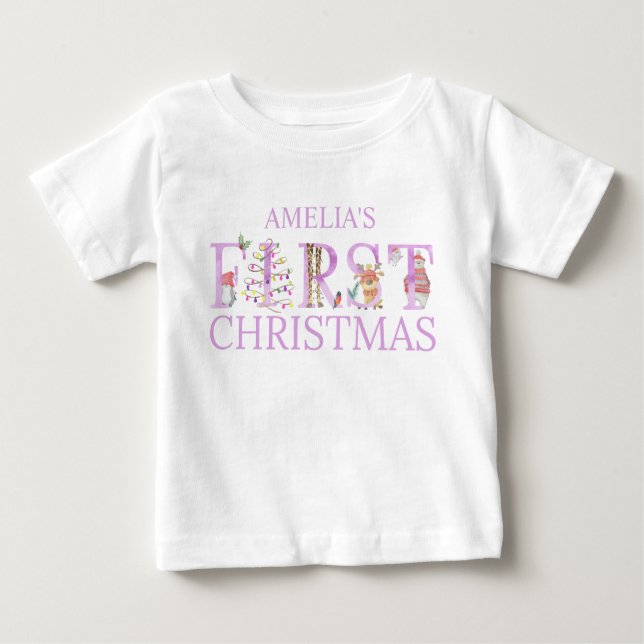 Camiseta Para Bebê Primeiro Natal - Letras de Animais Cons (Frente)