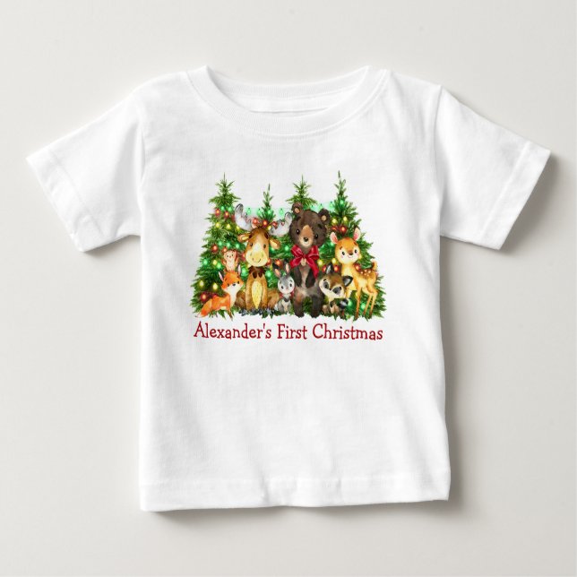 Camiseta Para Bebê Primeiro Natal Luz Floresta Floresta Arco (Frente)