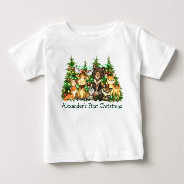 Camiseta Para Bebê Primeiro Natal Luzes Florestas (Frente)