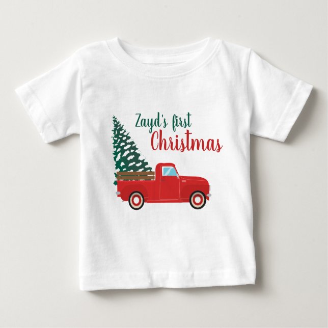 Camiseta Para Bebê Primeiro Natal Personalizar Caminhão de Recepção (Frente)