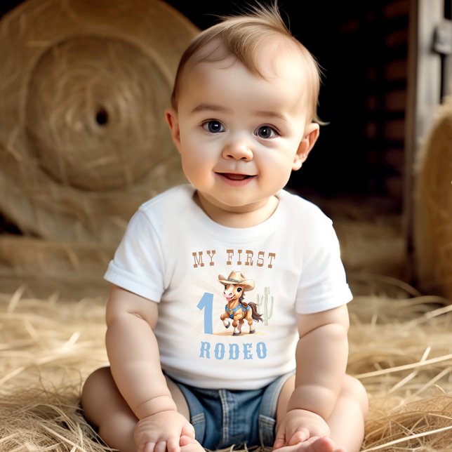Camiseta Para Bebê Primeiro primeiro aniversario Rodeo Western Cowboy (First Rodeo Western Cowboy 1st Birthday Baby T-Shirt)