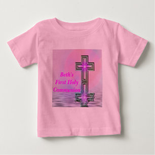 Camiseta Para Bebê Primeiro t-shirt do comunhão santamente com nome