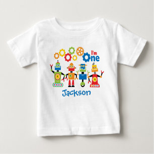 Camiseta Para Bebê Primeiro Tshirt personalizado robôs do aniversário