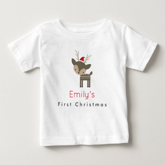 Camiseta Para Bebê Primeiro Veado De Natal Personalizado Em Um Chapéu (Frente)