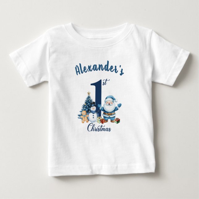 Camiseta Para Bebê Primeiros Papais noeis Azuis de Natal (Frente)