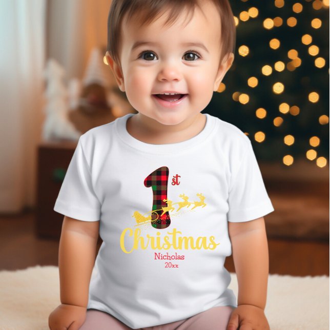 Camiseta Para Bebê Primeiros Papais noeis de Natal Sleigh Buffalo Nom (Criador carregado)