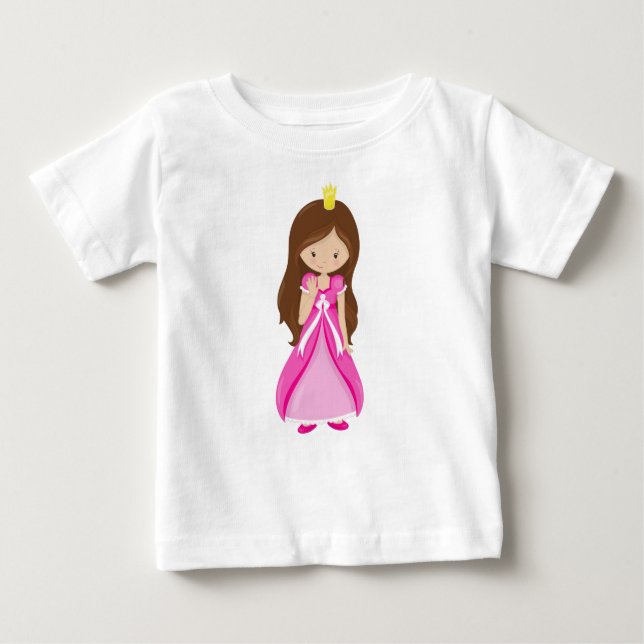 Camiseta Para Bebê Princesa Bonita, Coroa, Cabelo Castanho, Vestido R (Frente)