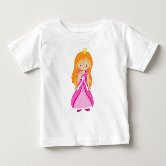 Camiseta Para Bebê Princesa Bonita, Coroa, Cabelo Laranja, Vestido Ro (Frente)