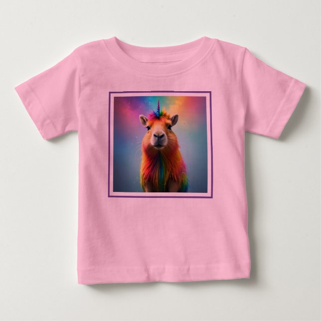 Camiseta Para Bebê Prismhorn: O Capybaraicórnio Arco-íris (Frente)