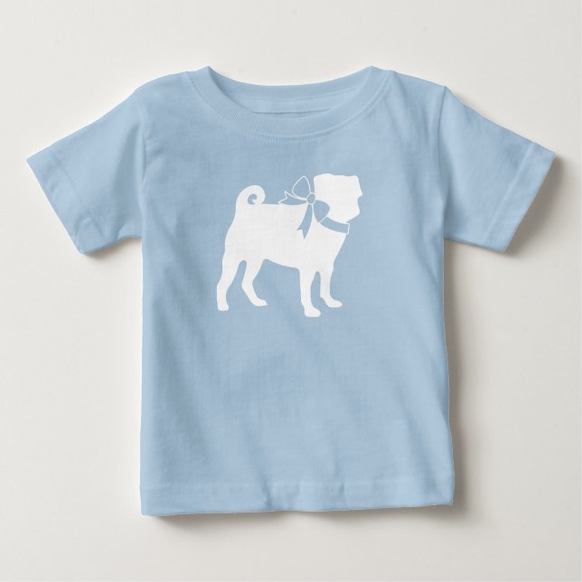 Camiseta Para Bebê Pug Dog Chá de fraldas Boy Blue com Arco (Frente)