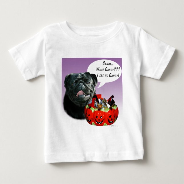 Camiseta Para Bebê Pug (preto) Halloween Candy (Frente)