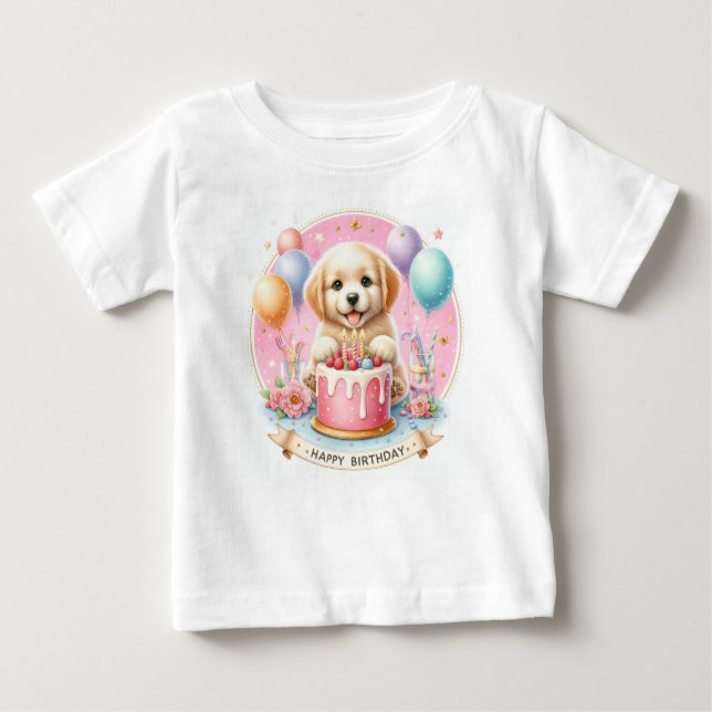 Camiseta Para Bebê Puppy Labrador - Pastel giro - Aniversário (Frente)