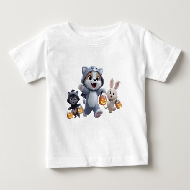 Camiseta Para Bebê Puppy Werewolf e Amigos Trick-or-Tratating (Frente)