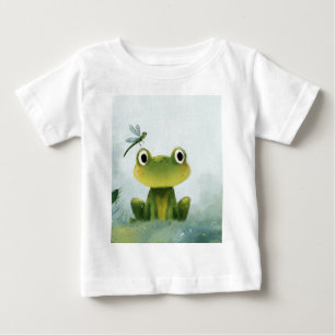 Camiseta Para Bebê Rã Fofa & Libélula – Ilustração de Natureza Suave