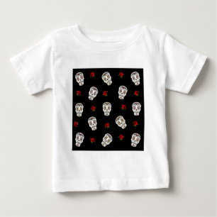 Camiseta Para Bebê RAB Rockabilly Açúcares Caveiras Rosas Em Preto
