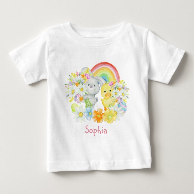 Camiseta Para Bebê Rainbow Easter Bunny e Pintinho (Frente)