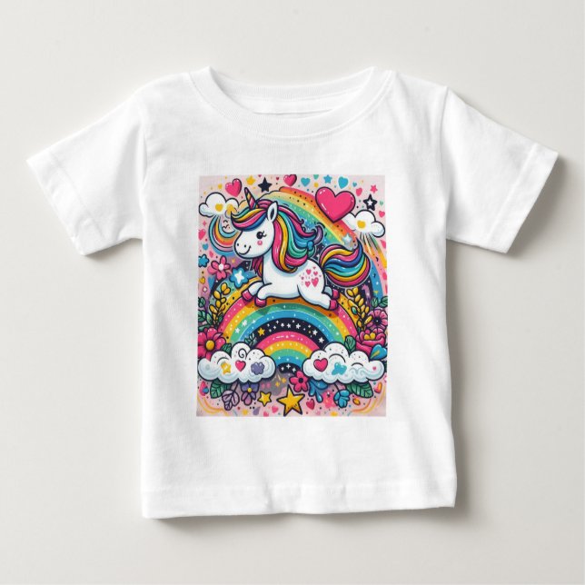 Camiseta Para Bebê Rainbow Unicorn (Frente)