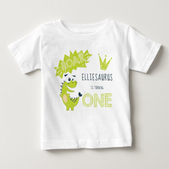 Camiseta Para Bebê Raiz do Dinossauro Verde da Raça Primeiro Aniversá (Frente)