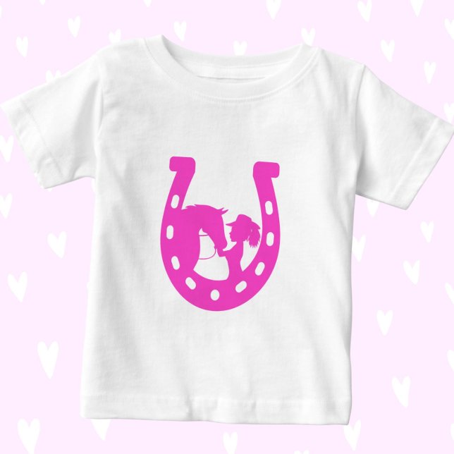 Camiseta Para Bebê Rapariga com Cavalo e Ferradura Rosa Quente do Cha (Criador carregado)