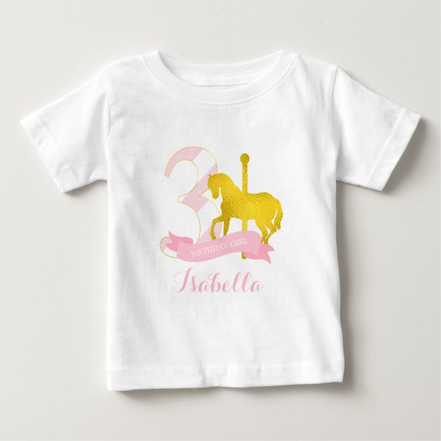Camiseta Para Bebê Rapariga de aniversário do Cavalo Carrossel Rosa (Frente)