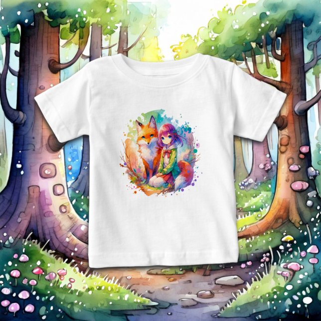 Camiseta Para Bebê Rapariga e Raposa bonito de Aquarela (Criador carregado)