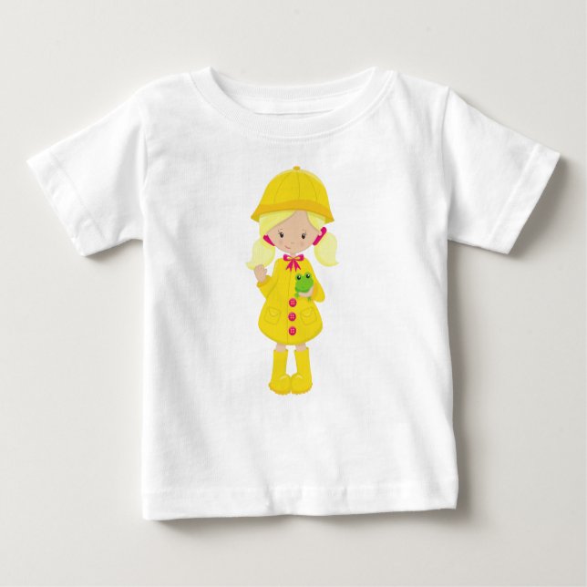 Camiseta Para Bebê Rapariga No Casaco, Botas, Cabelo Louro, Sapo (Frente)