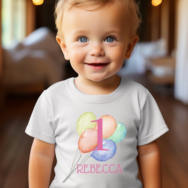 Camiseta Para Bebê Rapariga Primeiro Balões de Aniversário e Nome (Change the number to ANY AGE!)
