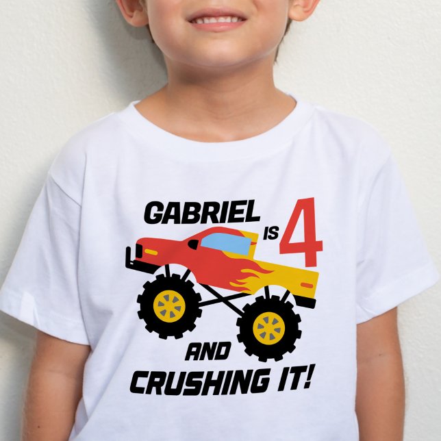 Camiseta Para Bebê Rapaz 4.º Aniversário Monstro Truck Personalizado (Criador carregado)