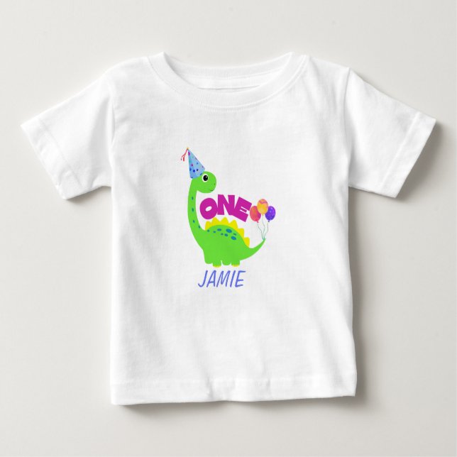 Camiseta Para Bebê Rapaz primeiro aniversario Cute Dino (Frente)