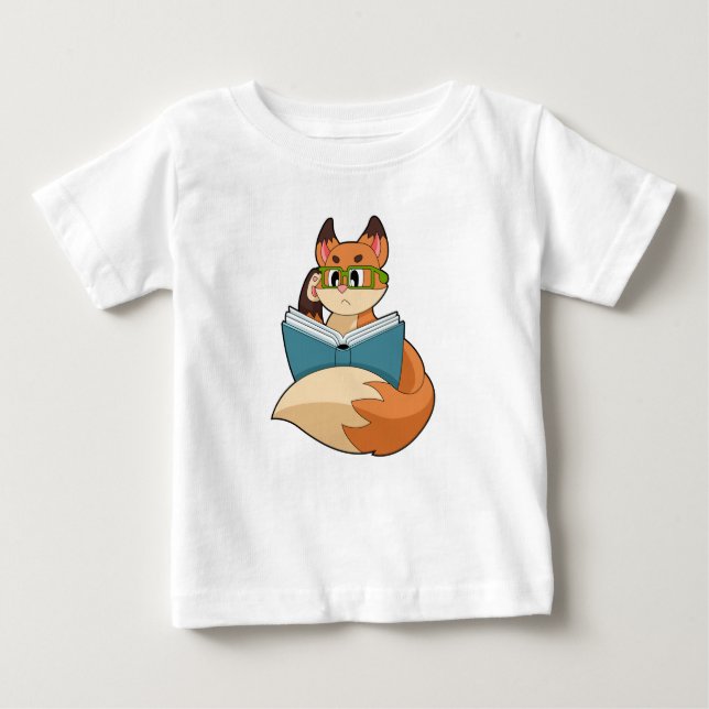 Camiseta Para Bebê Raposa como Nerd de Livro e Óculos (Frente)