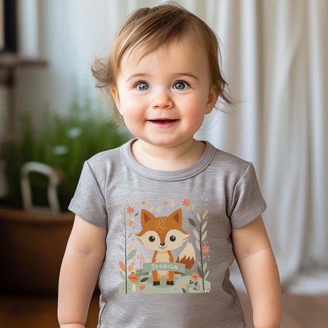 Camiseta Para Bebê Raposa-da-floresta, animais florestais, neutra em  (Woodland fox, gender neutral baby t-shirts. Personalized Name.)