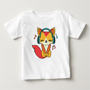 Camiseta Para Bebê Raposa feliz com fones de ouvido ouvindo música.