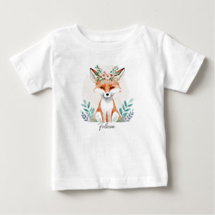 Camiseta Para Bebê Raposa floral aquarela personalizada