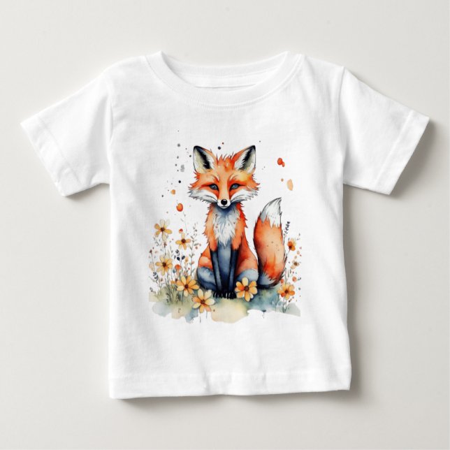 Camiseta Para Bebê Raposa floral branca (Frente)