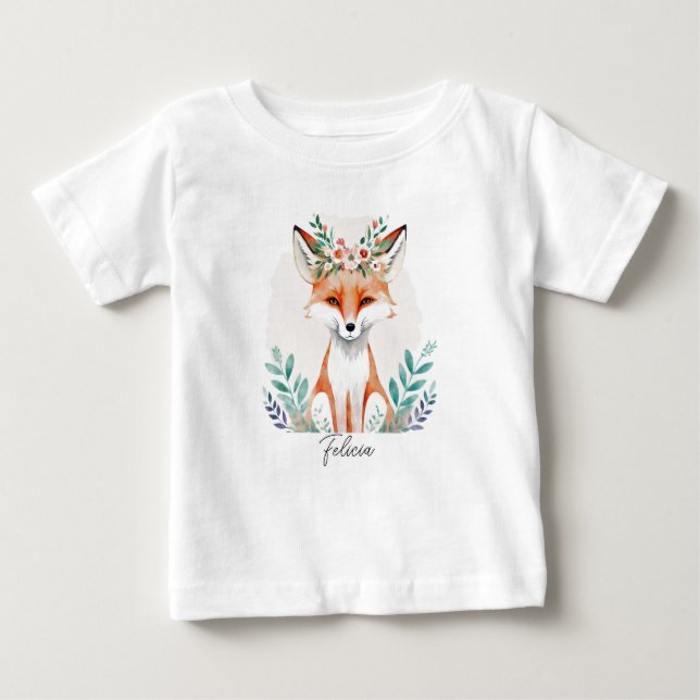 Camiseta Para Bebê Raposa floral de aquarela personalizada (Frente)
