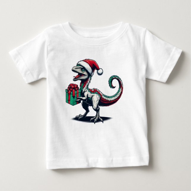 Camiseta Para Bebê Raptor de chapéu de Natal (Frente)