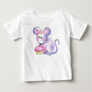 Camiseta Para Bebê Rato branco bonito com Cupcake