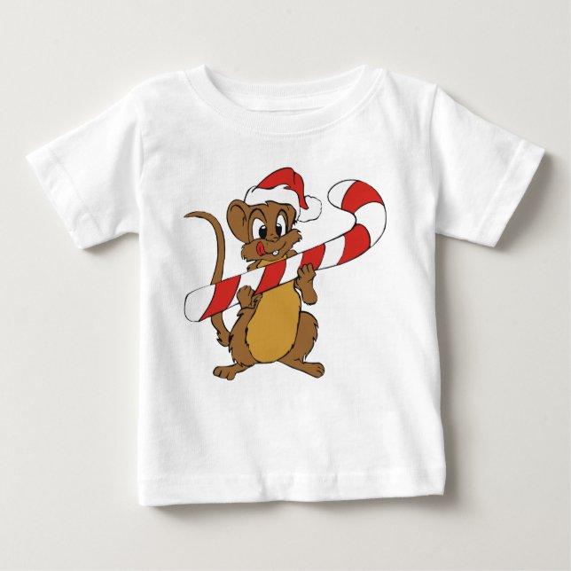Camiseta Para Bebê Rato De Natal Com Uma Caneta De Doces (Frente)