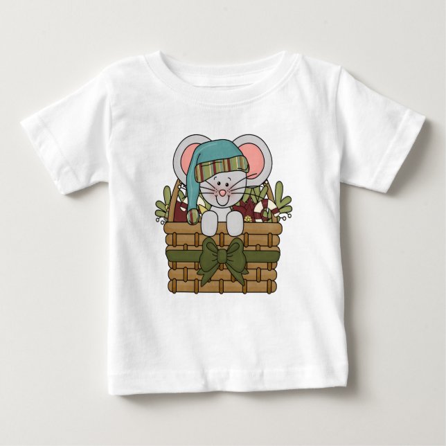 Camiseta Para Bebê Rato do Natal na cesta (Frente)
