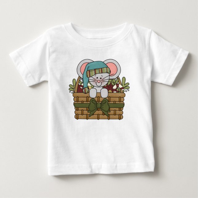 Camiseta Para Bebê Rato do Natal na cesta (Frente)