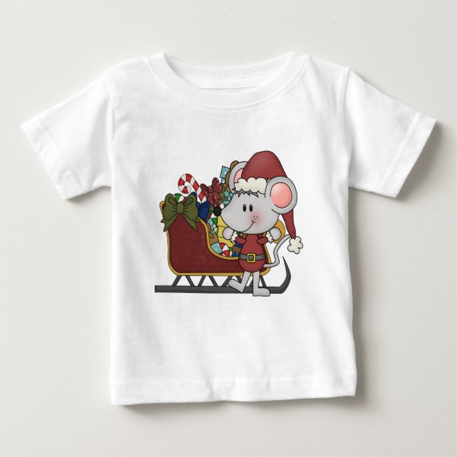 Camiseta Para Bebê Rato do papai noel com trenó (Frente)