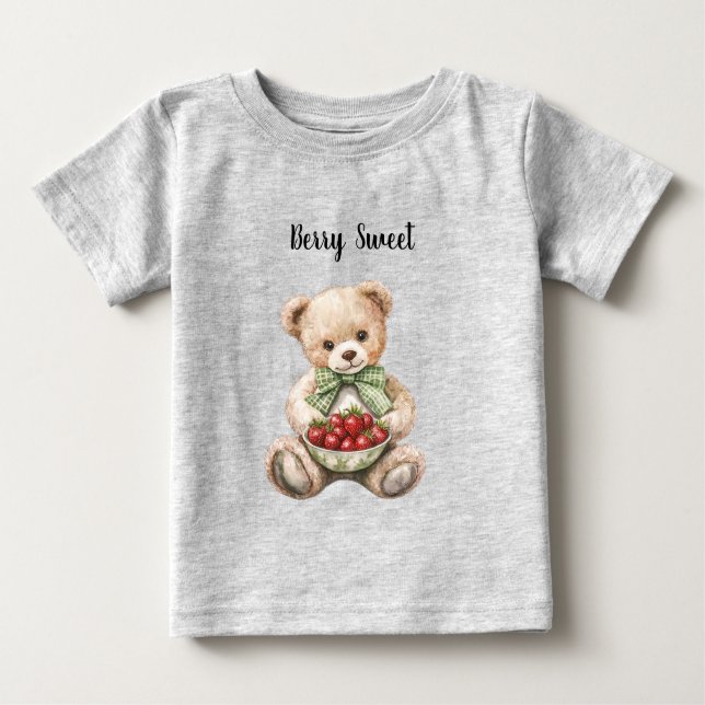 Camiseta Para Bebê Red Strawberries Berry Sweet Green Bow Teddy Bear (Frente)