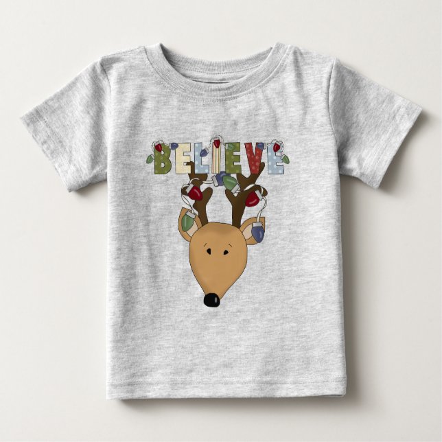 Camiseta Para Bebê Reindeer Acredita Feriado Festa de Natal (Frente)