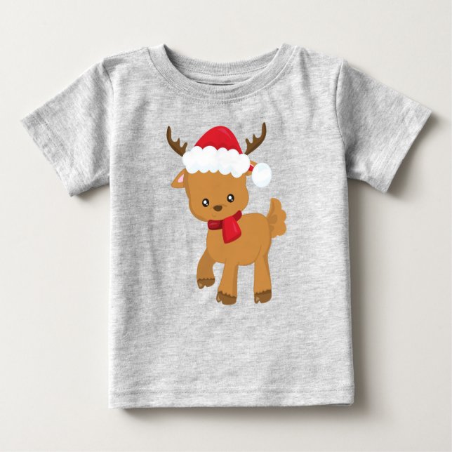 Camiseta Para Bebê Reindeer de Natal, Reindeer Bonito, Santa Hat (Frente)