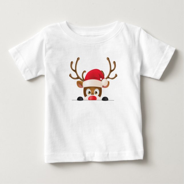 Camiseta Para Bebê Reindeer in santa hat peeking out. (Frente)