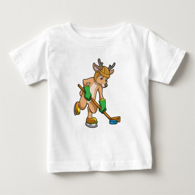 Camiseta Para Bebê Reindeer no hóquei no gelo com bastão de hóquei (Frente)