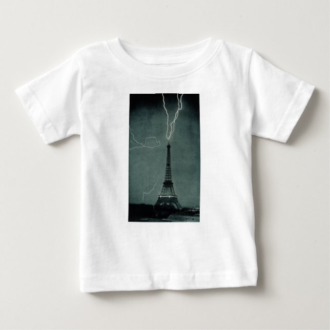 Camiseta Para Bebê Relâmpago em choque com a Torre Eiffel (Frente)