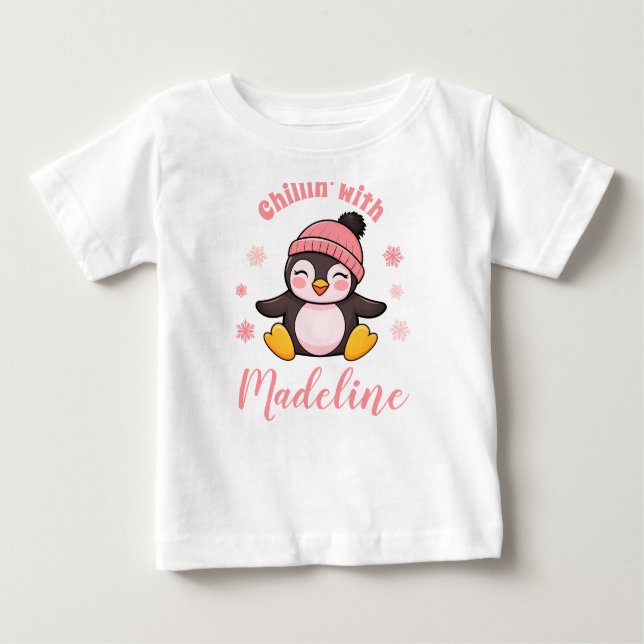 Camiseta Para Bebê Relaxando com o Nome Pinguim Fofo Natal Inverno  (Frente)